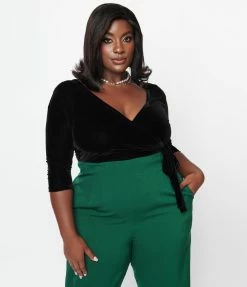 Unique Vintage Plus Size Black Velvet Surplice Bodysuit