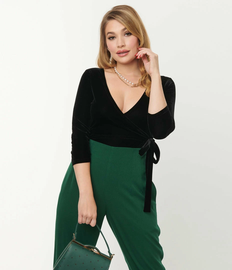 Unique Vintage Black Velvet Surplice Bodysuit