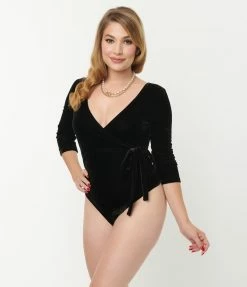 Unique Vintage Black Velvet Surplice Bodysuit
