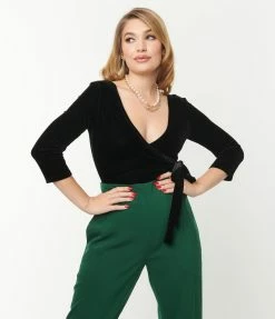 Unique Vintage Black Velvet Surplice Bodysuit