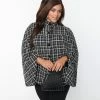 New Arrivals! Smak Parlour Plus Size Black & White Plaid Tweed Buttoned Cape Coat