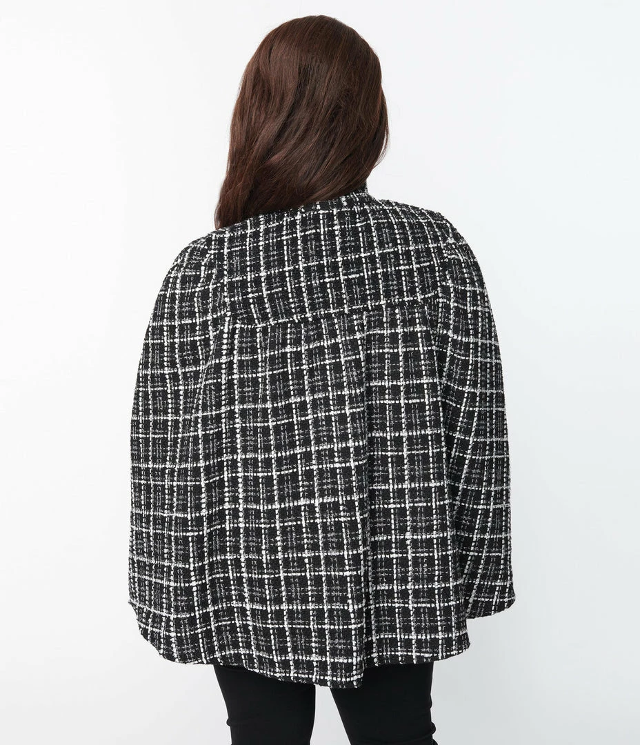 New Arrivals! Smak Parlour Plus Size Black & White Plaid Tweed Buttoned Cape Coat