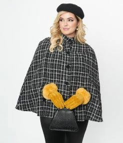 Smak Parlour Black & White Plaid Tweed Buttoned Cape Coat