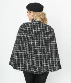 Smak Parlour Black & White Plaid Tweed Buttoned Cape Coat
