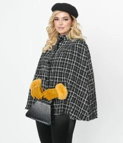 Smak Parlour Black & White Plaid Tweed Buttoned Cape Coat