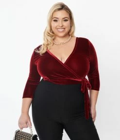 New Arrivals! Unique Vintage Plus Size Wine Velvet Surplice Bodysuit