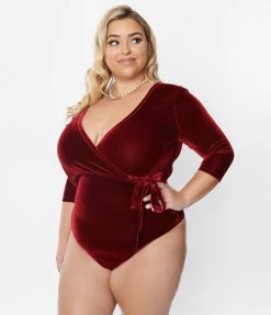 New Arrivals! Unique Vintage Plus Size Wine Velvet Surplice Bodysuit