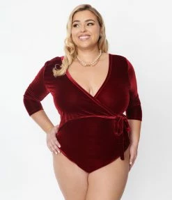 New Arrivals! Unique Vintage Plus Size Wine Velvet Surplice Bodysuit