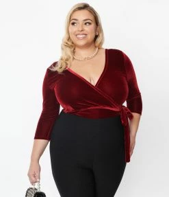 New Arrivals! Unique Vintage Plus Size Wine Velvet Surplice Bodysuit