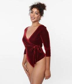 Unique Vintage Wine Velvet Surplice Bodysuit New Arrivals!