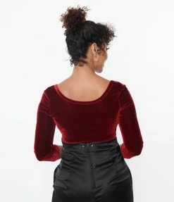 Unique Vintage Wine Velvet Surplice Bodysuit New Arrivals!