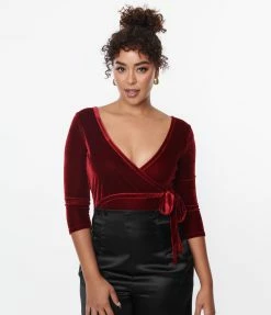 Unique Vintage Wine Velvet Surplice Bodysuit New Arrivals!