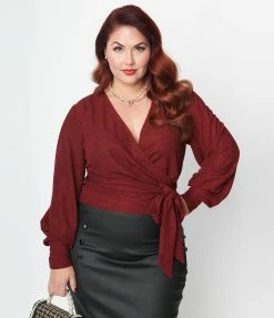 Unique Vintage Plus Size Burgundy & Black Dot Carmen Faux Wrap Sweater