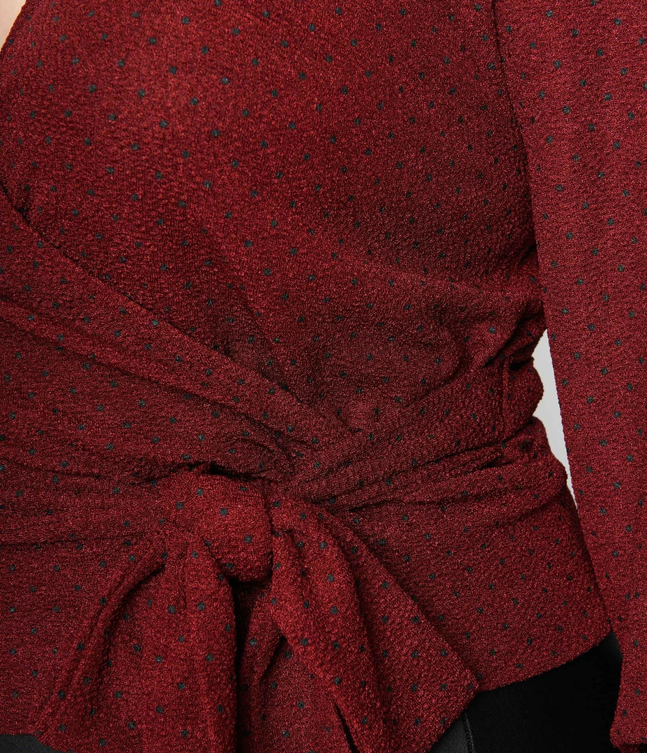 Unique Vintage Plus Size Burgundy & Black Dot Carmen Faux Wrap Sweater