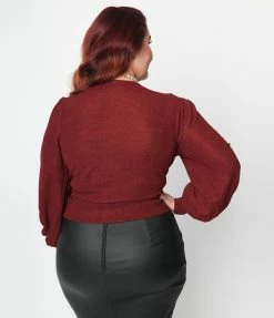 Unique Vintage Plus Size Burgundy & Black Dot Carmen Faux Wrap Sweater