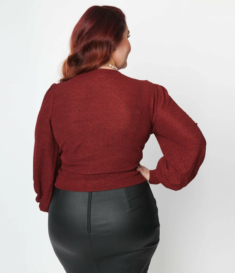 Unique Vintage Plus Size Burgundy & Black Dot Carmen Faux Wrap Sweater
