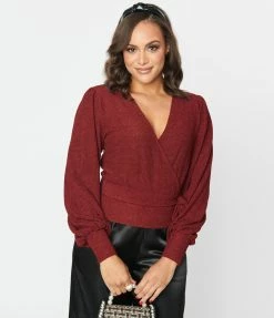 New Arrivals! Unique Vintage Burgundy & Black Dot Carmen Faux Wrap Sweater
