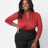 Unique Vintage Plus Size Burgundy Gathered Neckline Friday Night Bodysuit Clothing