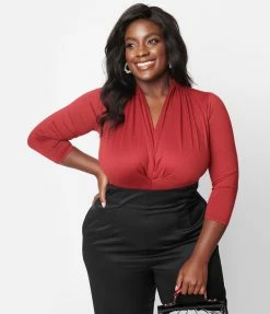 Unique Vintage Plus Size Burgundy Gathered Neckline Friday Night Bodysuit Clothing