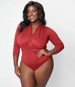 Unique Vintage Plus Size Burgundy Gathered Neckline Friday Night Bodysuit Clothing