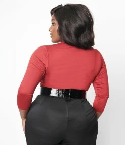 Unique Vintage Plus Size Burgundy Gathered Neckline Friday Night Bodysuit Clothing