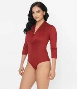 Unique Vintage Burgundy Gathered Neckline Friday Night Bodysuit Clothing