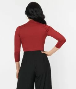 Unique Vintage Burgundy Gathered Neckline Friday Night Bodysuit Clothing