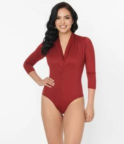 Unique Vintage Burgundy Gathered Neckline Friday Night Bodysuit Clothing
