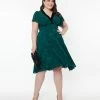 Unique Vintage Plus Size Emerald Floral Jacquard Swing Dress