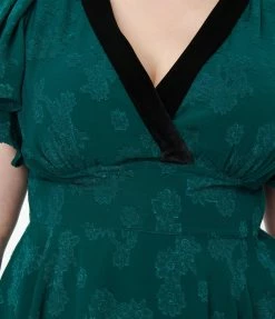 Unique Vintage Plus Size Emerald Floral Jacquard Swing Dress