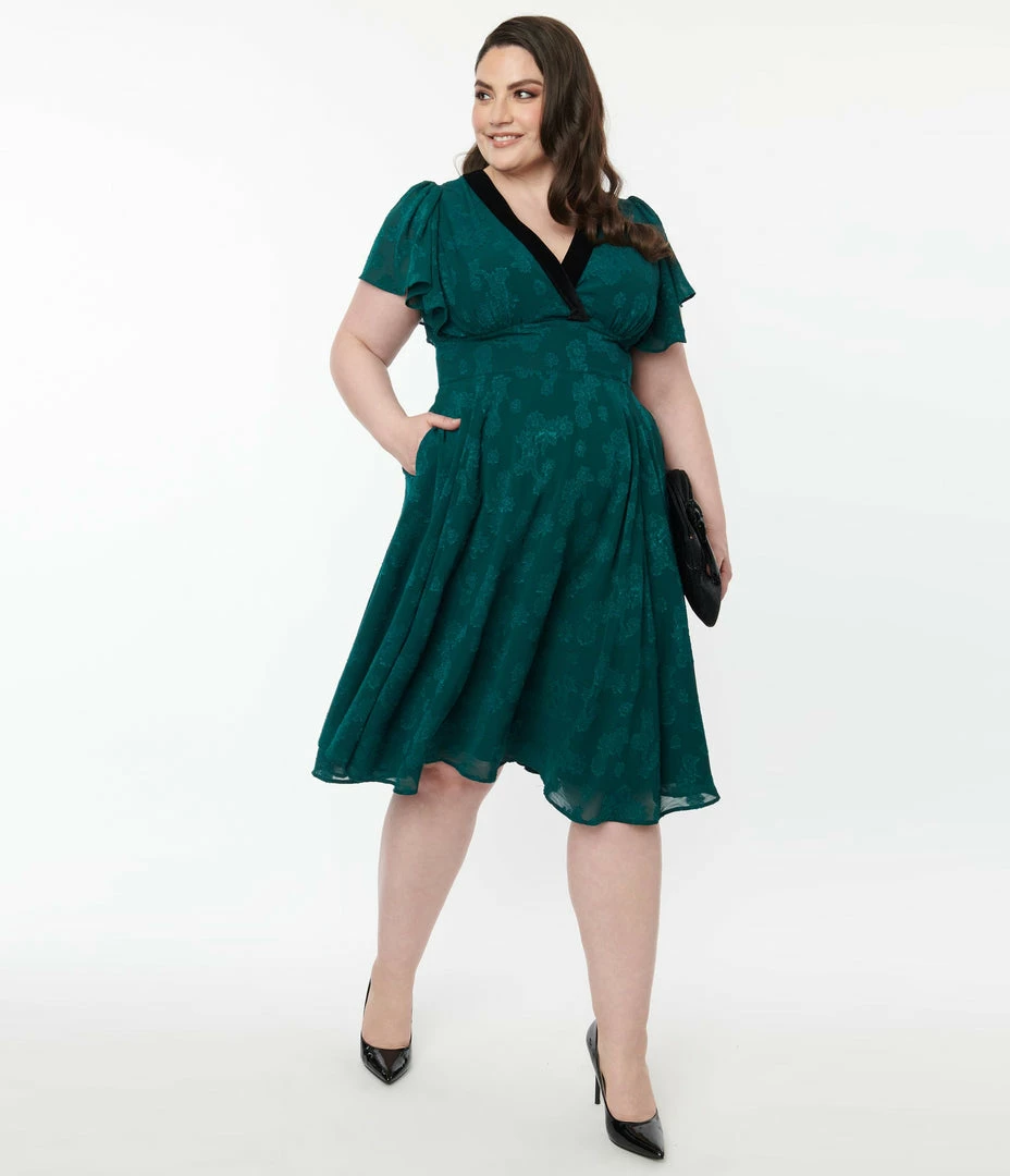 Unique Vintage Plus Size Emerald Floral Jacquard Swing Dress