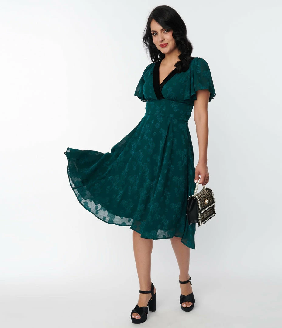 Clothing Unique Vintage Emerald Floral Jacquard Swing Dress