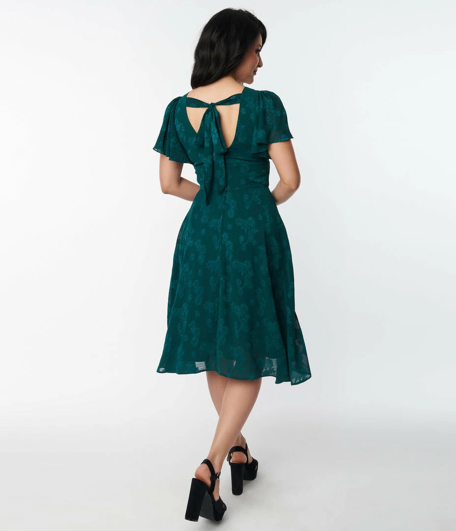 Clothing Unique Vintage Emerald Floral Jacquard Swing Dress