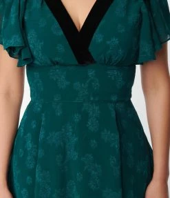 Clothing Unique Vintage Emerald Floral Jacquard Swing Dress
