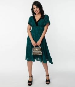 Clothing Unique Vintage Emerald Floral Jacquard Swing Dress