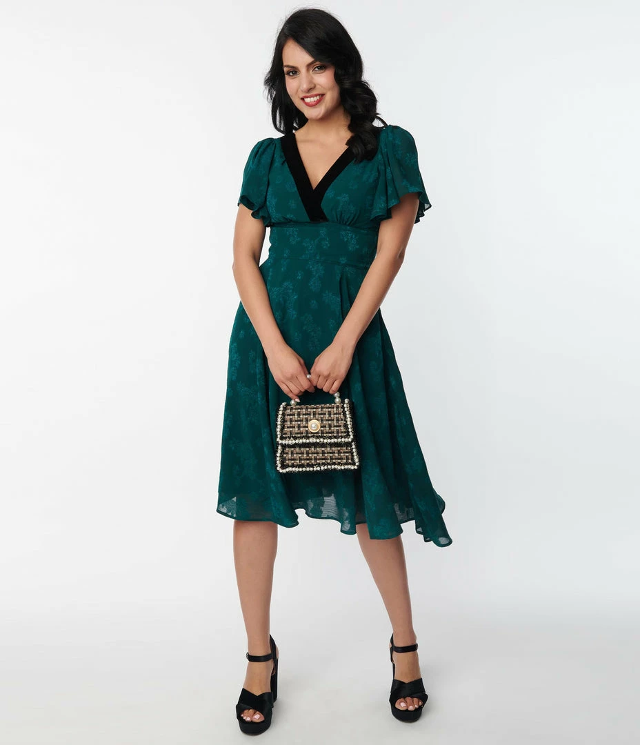 Clothing Unique Vintage Emerald Floral Jacquard Swing Dress