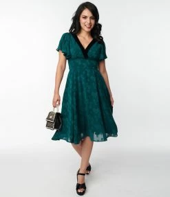 Clothing Unique Vintage Emerald Floral Jacquard Swing Dress