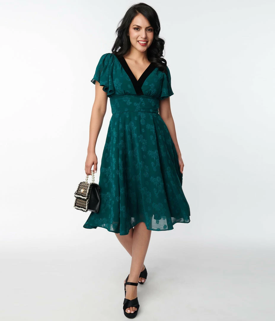 Clothing Unique Vintage Emerald Floral Jacquard Swing Dress