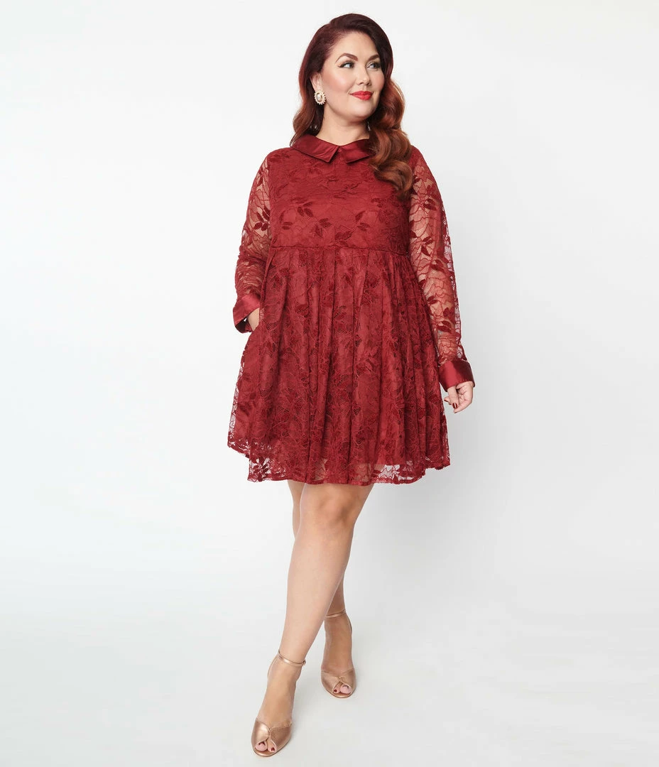 Unique Vintage Plus Size Burgundy Lace Peggy Babydoll Dress New Arrivals!