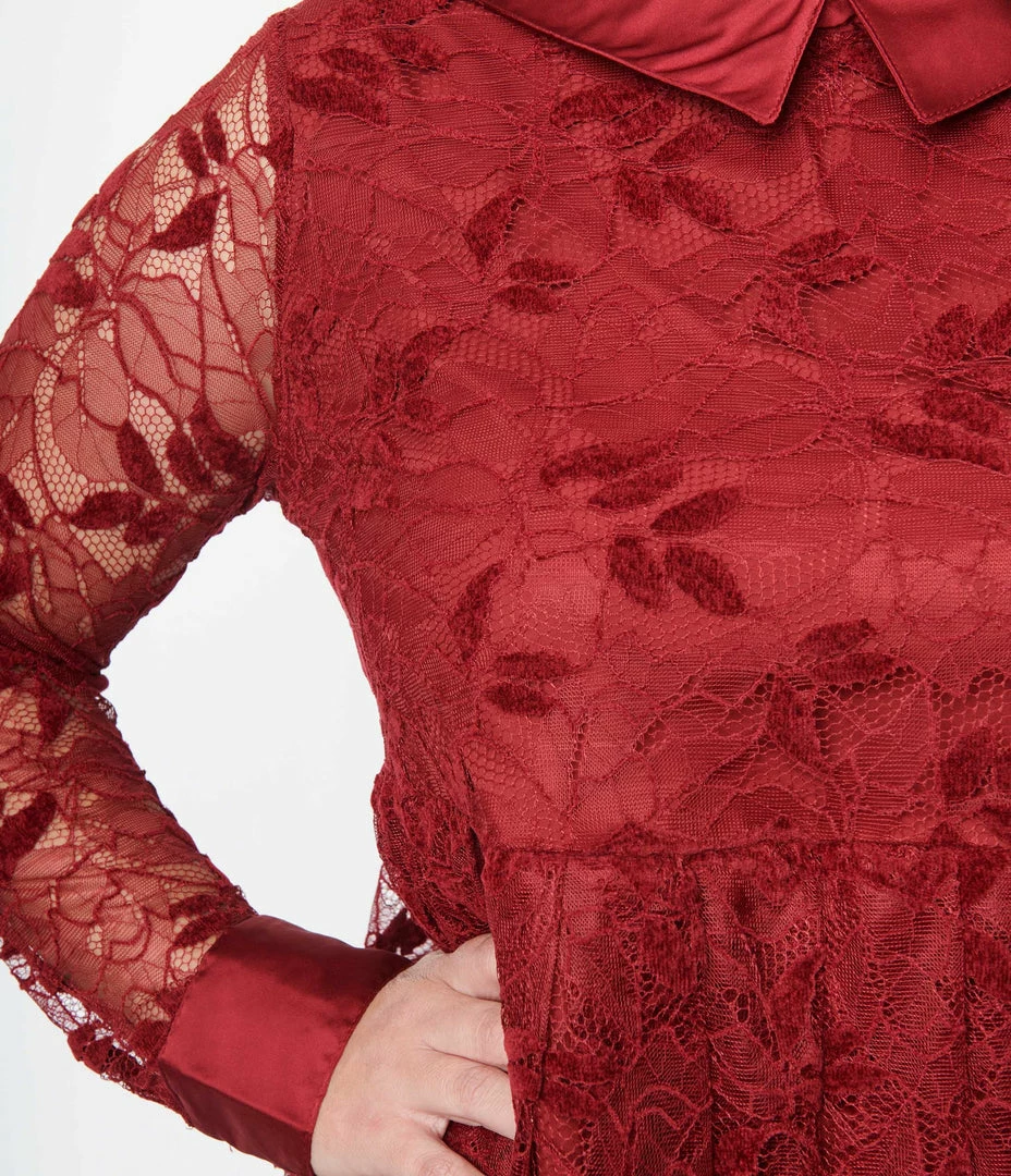 Unique Vintage Plus Size Burgundy Lace Peggy Babydoll Dress New Arrivals!
