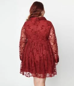 Unique Vintage Plus Size Burgundy Lace Peggy Babydoll Dress New Arrivals!