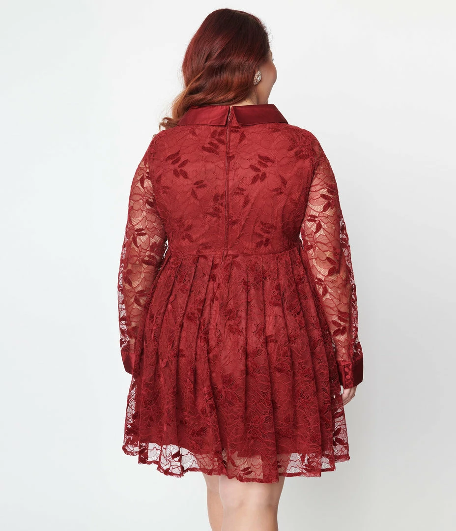 Unique Vintage Plus Size Burgundy Lace Peggy Babydoll Dress New Arrivals!