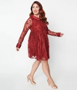 Unique Vintage Plus Size Burgundy Lace Peggy Babydoll Dress New Arrivals!