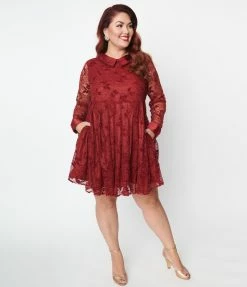 Unique Vintage Plus Size Burgundy Lace Peggy Babydoll Dress New Arrivals!