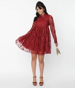 Unique Vintage Burgundy Lace Peggy Babydoll Dress Clothing