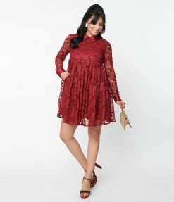 Unique Vintage Burgundy Lace Peggy Babydoll Dress Clothing