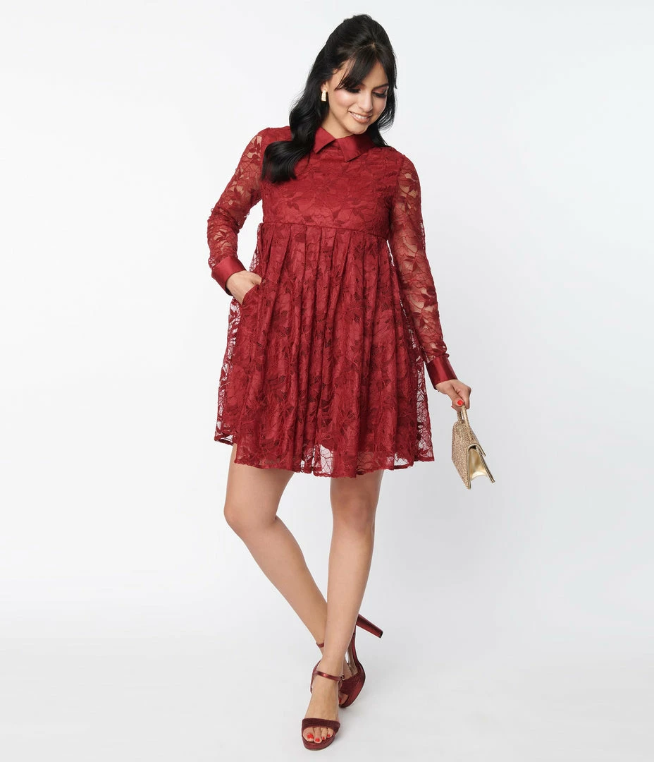 Unique Vintage Burgundy Lace Peggy Babydoll Dress Clothing