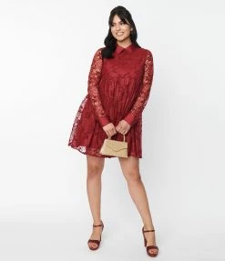 Unique Vintage Burgundy Lace Peggy Babydoll Dress Clothing