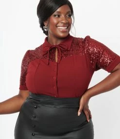 Unique Vintage Plus Size Burgundy Sequin Addison Blouse