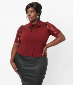 Unique Vintage Plus Size Burgundy Sequin Addison Blouse